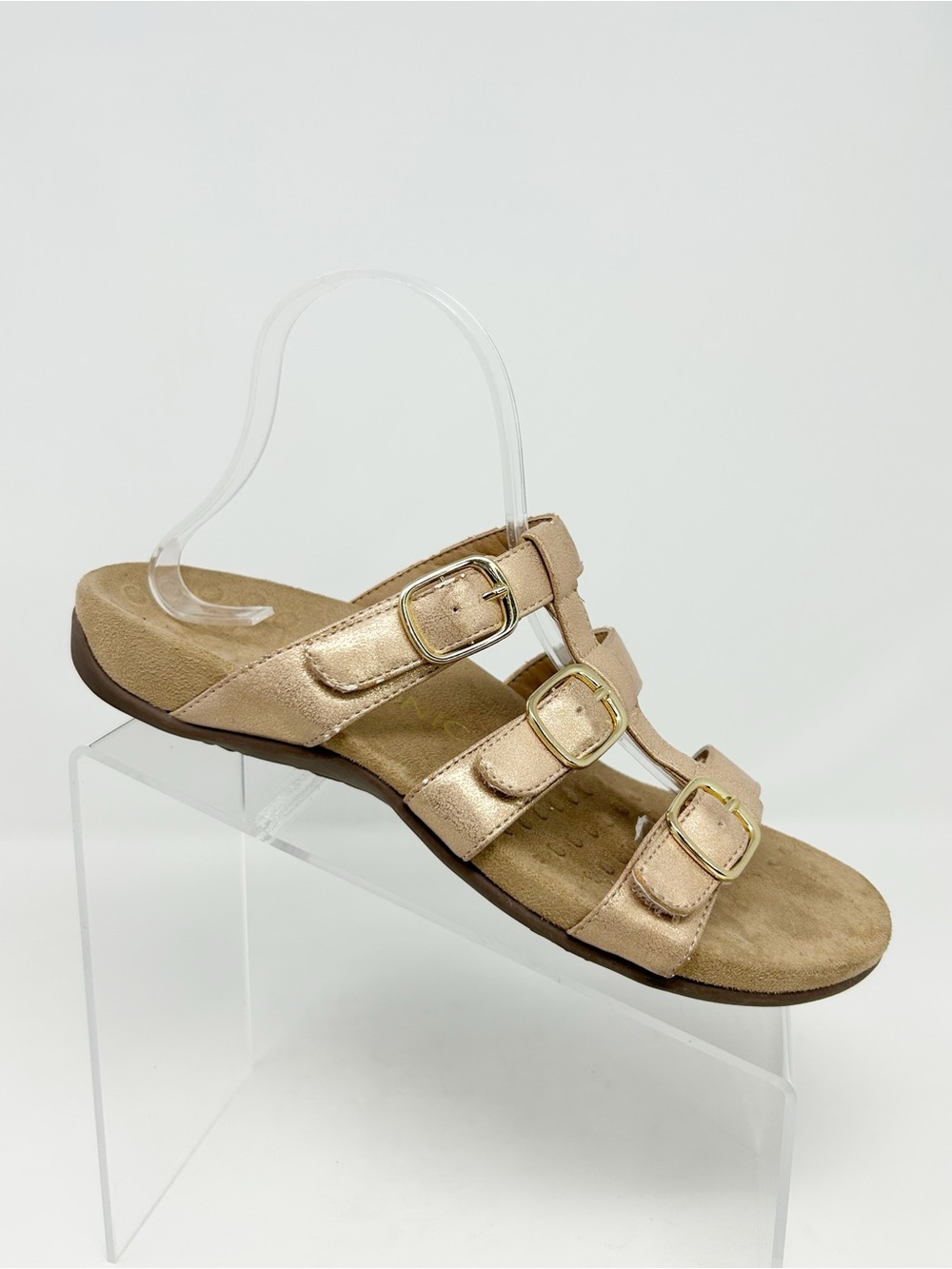 Vionic Misa Rose Gold Light Pink Strappy Slip-On Sandals Triple Buckle Size 9